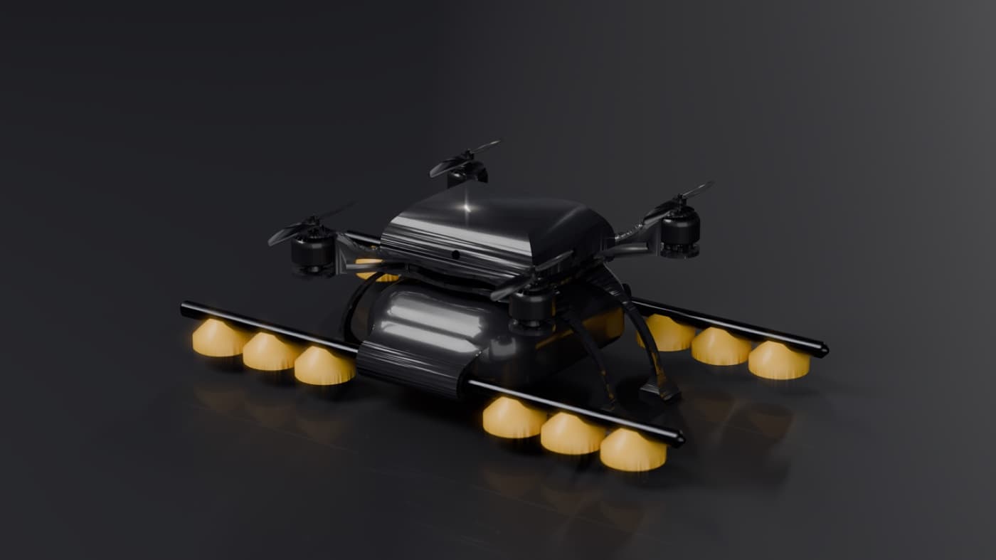 Quadcopter spray drone in dark carbon with amber boom nozzles