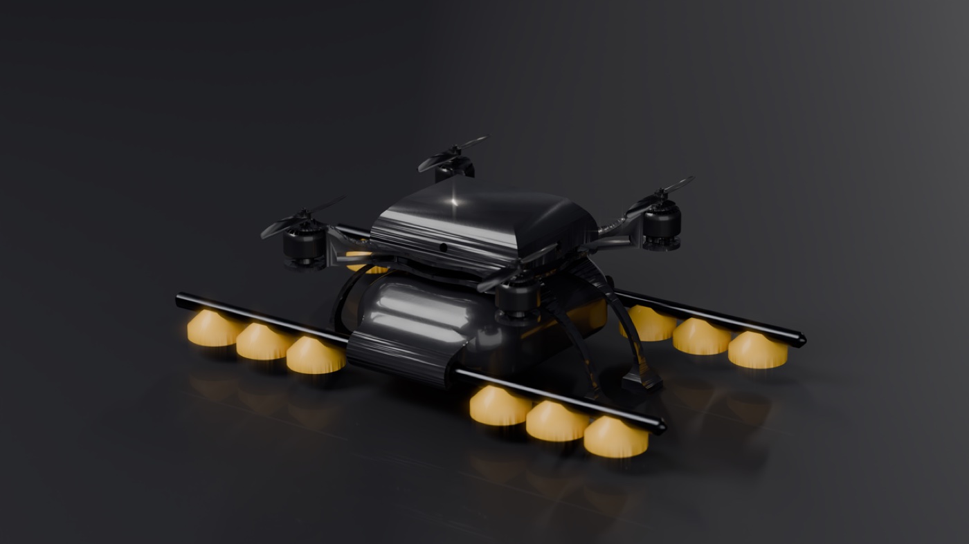 latice spray drone — a stealth-carbon quadcopter with amber boom nozzles